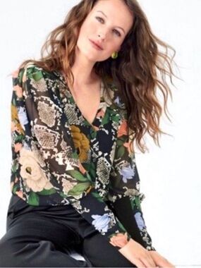 CAbi Black Floral & Snake-Print V-Neck Blouse